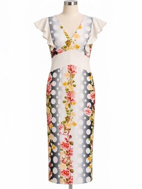 Traffic People Floral Polka Dot Flutter Sleeve Sheath Dress XS